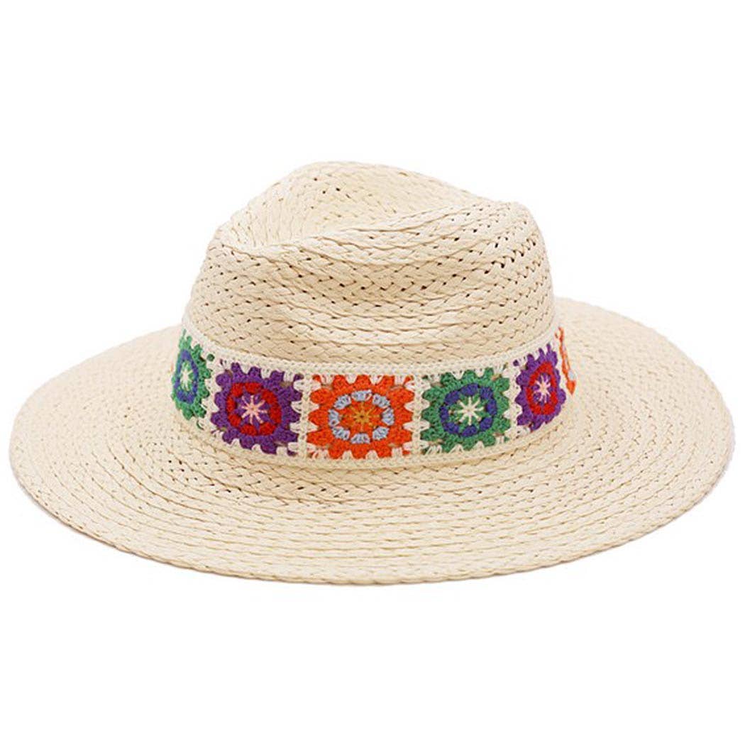 Floral Crochet Band Straw Hat