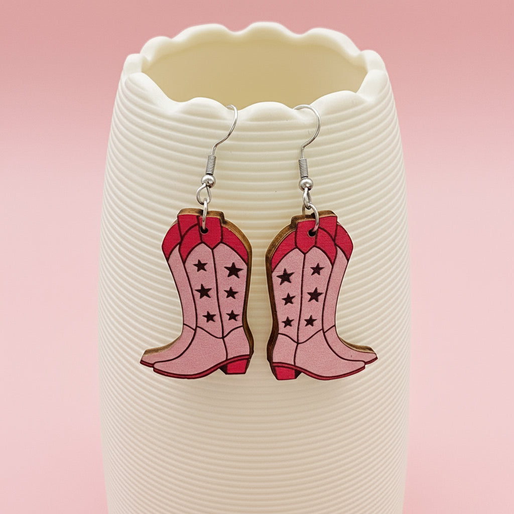 Western Style Pink Wooden Boots Dangle Earrings