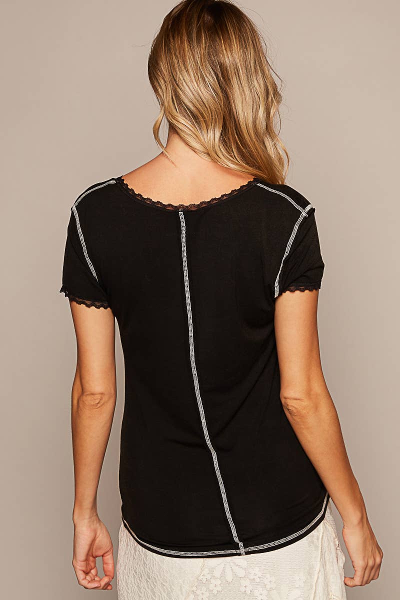 V-neck Lace Trim Short Sleeve Stitch Detail Top