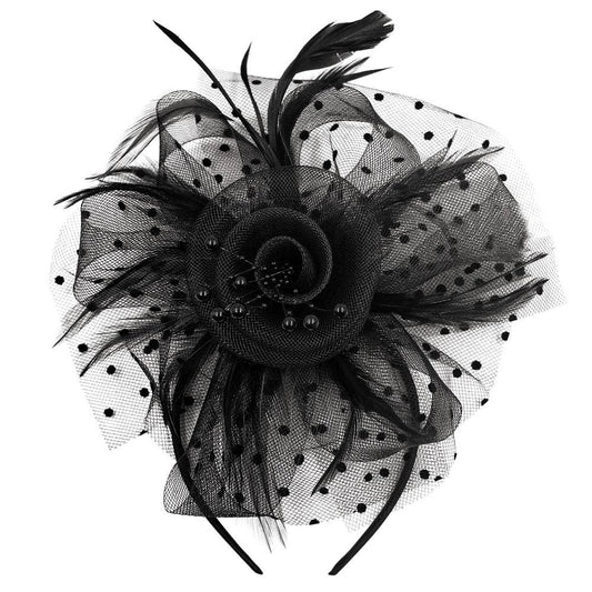 Elegant Polka Dot Mesh Flower Feather Fascinator Hat