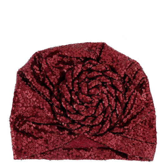 Sequin Embellished Turban w/ Front Floral Knot
