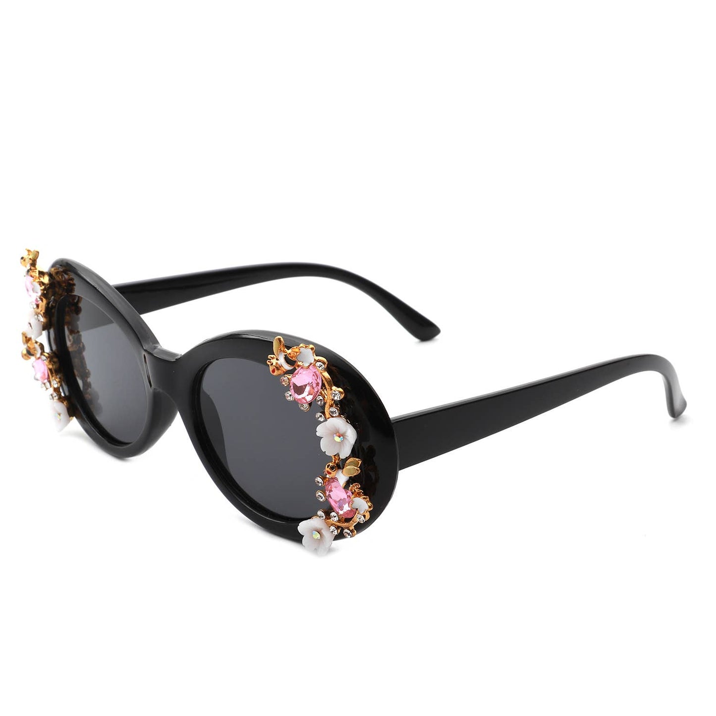 Women Oval Round Floral Design Fashion Sunglasses