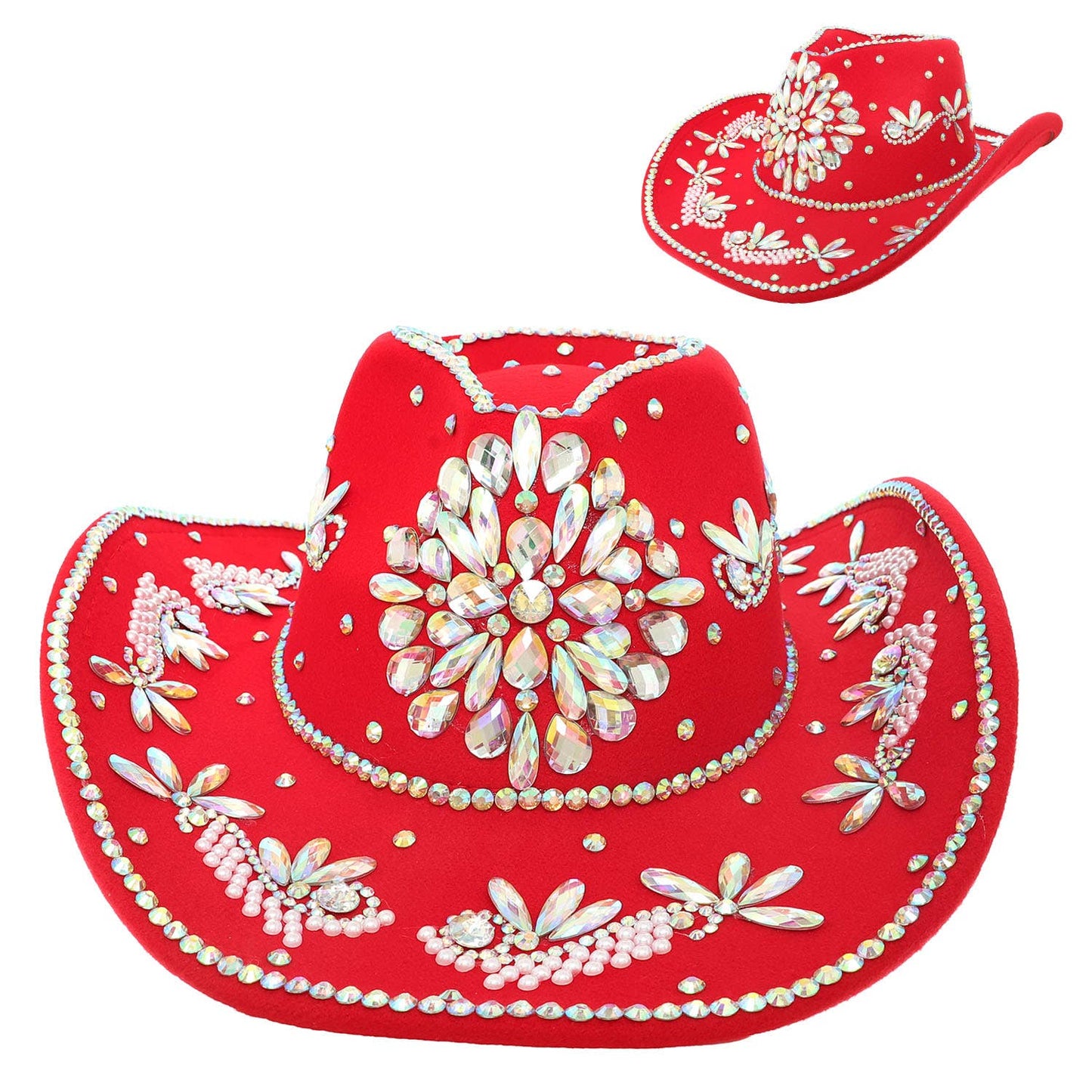 Sombrero Style Cowboy Hat with Crystal and Pearl Accents
