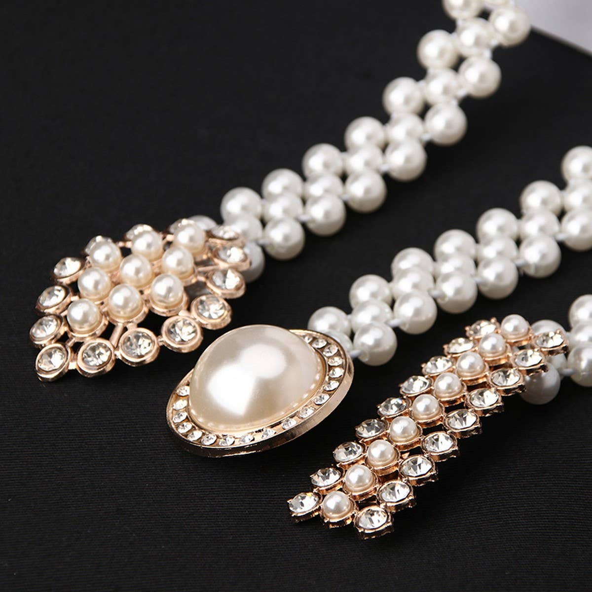 Pearl Woven Elastic Belt w/ Rhinestone Alloy Buckles