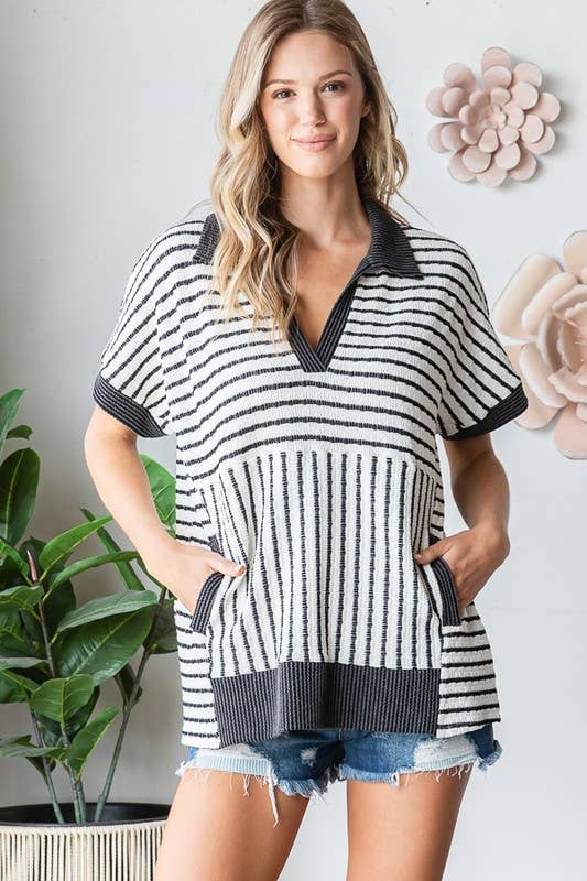Jacquard Stripe Collar Top