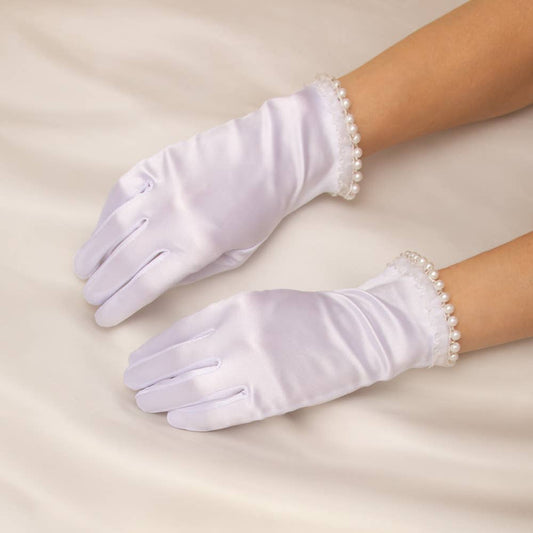 Pearl Trim Satin Wrist Gloves with Ruched Edge Design