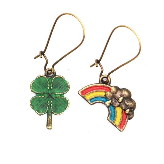 Four Leaf Clover & Rainbow Mismatched Charm Earrings