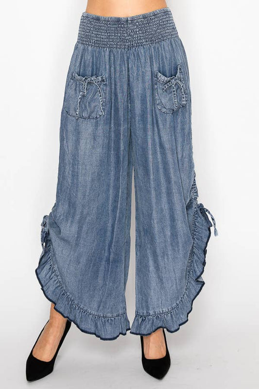 Smocked Ruffle Hem Side Tie Chambray Pants