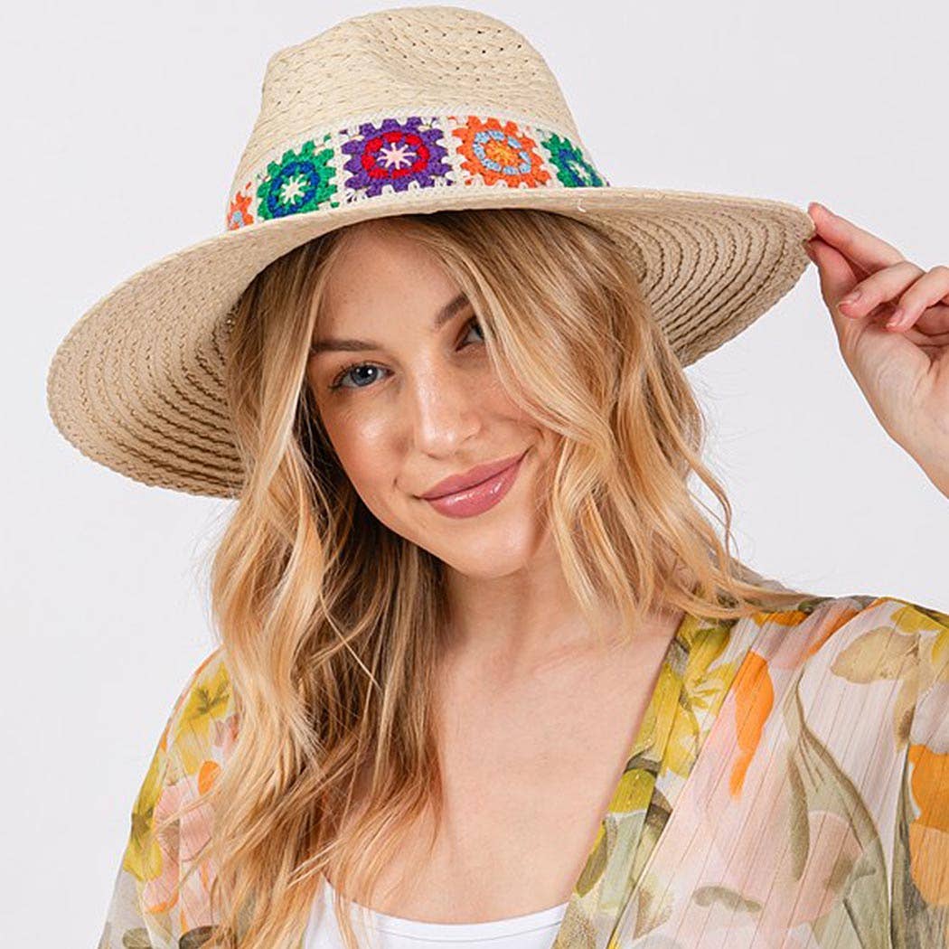 Floral Crochet Band Straw Hat