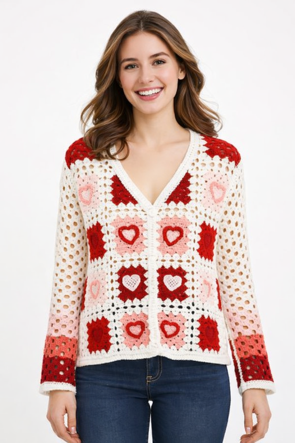 Heart Crochet Square Button Front Cardigan