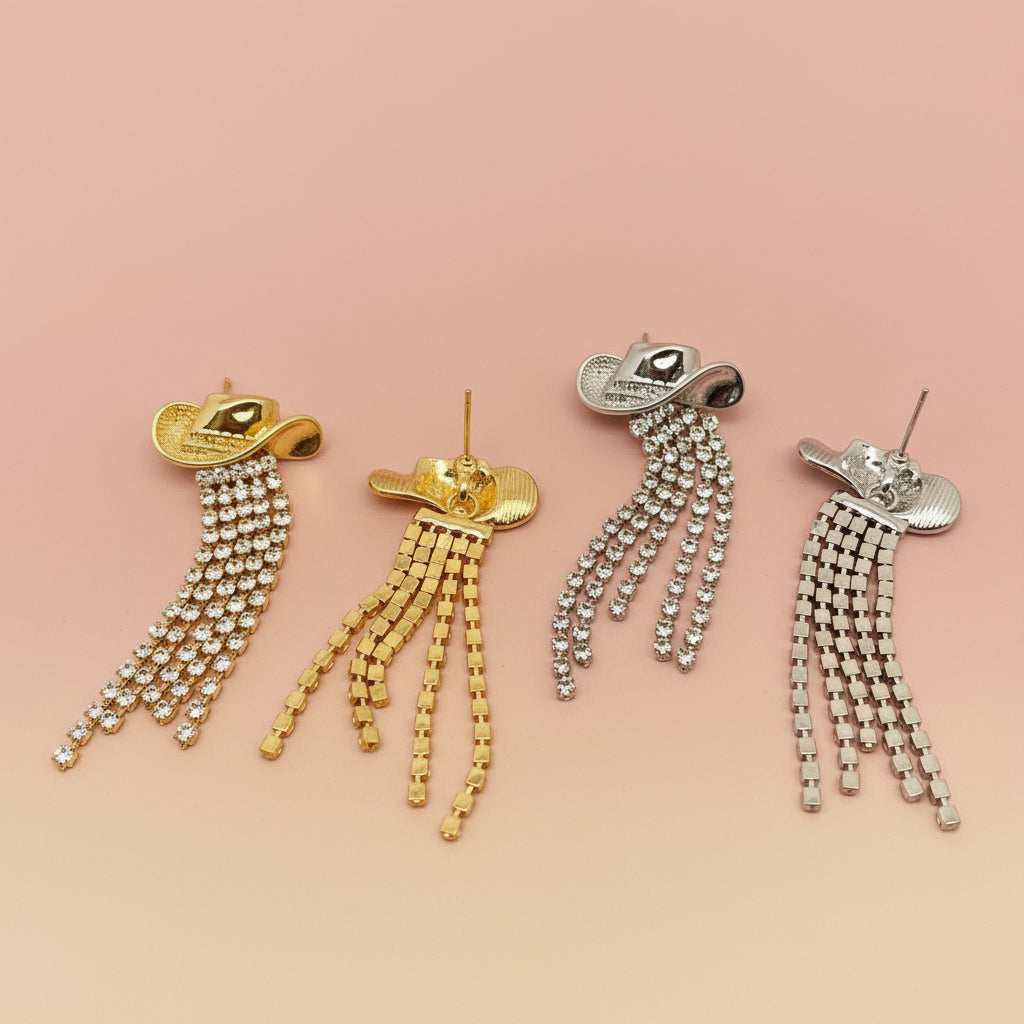 Western Sparkling Rhinestone Tassel Hat Earrings