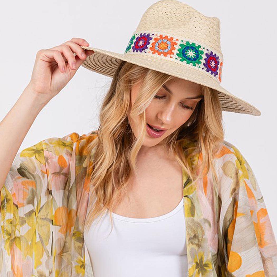 Floral Crochet Band Straw Hat