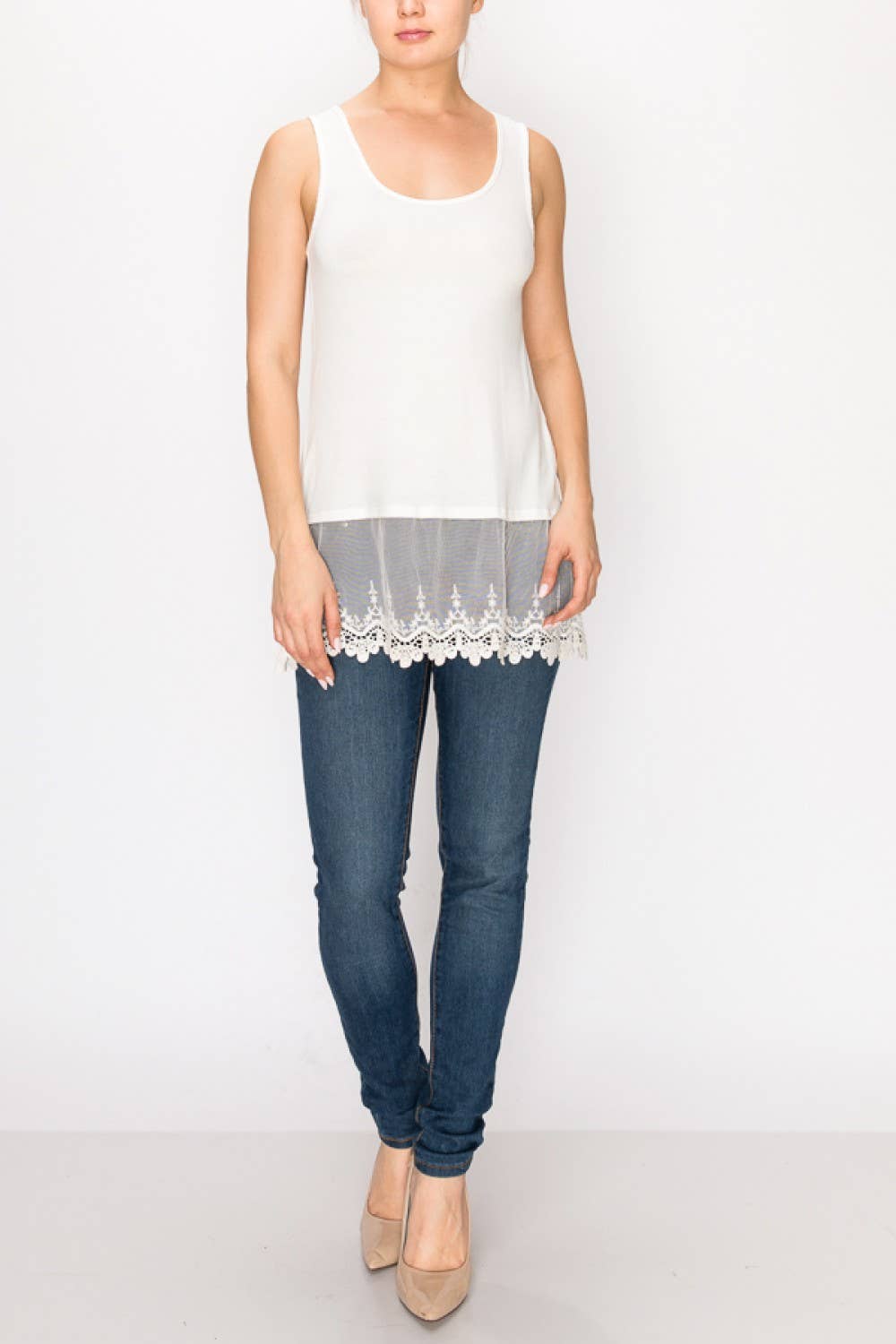 Soft Relaxed Tank With Delicate Floral Laced Hem