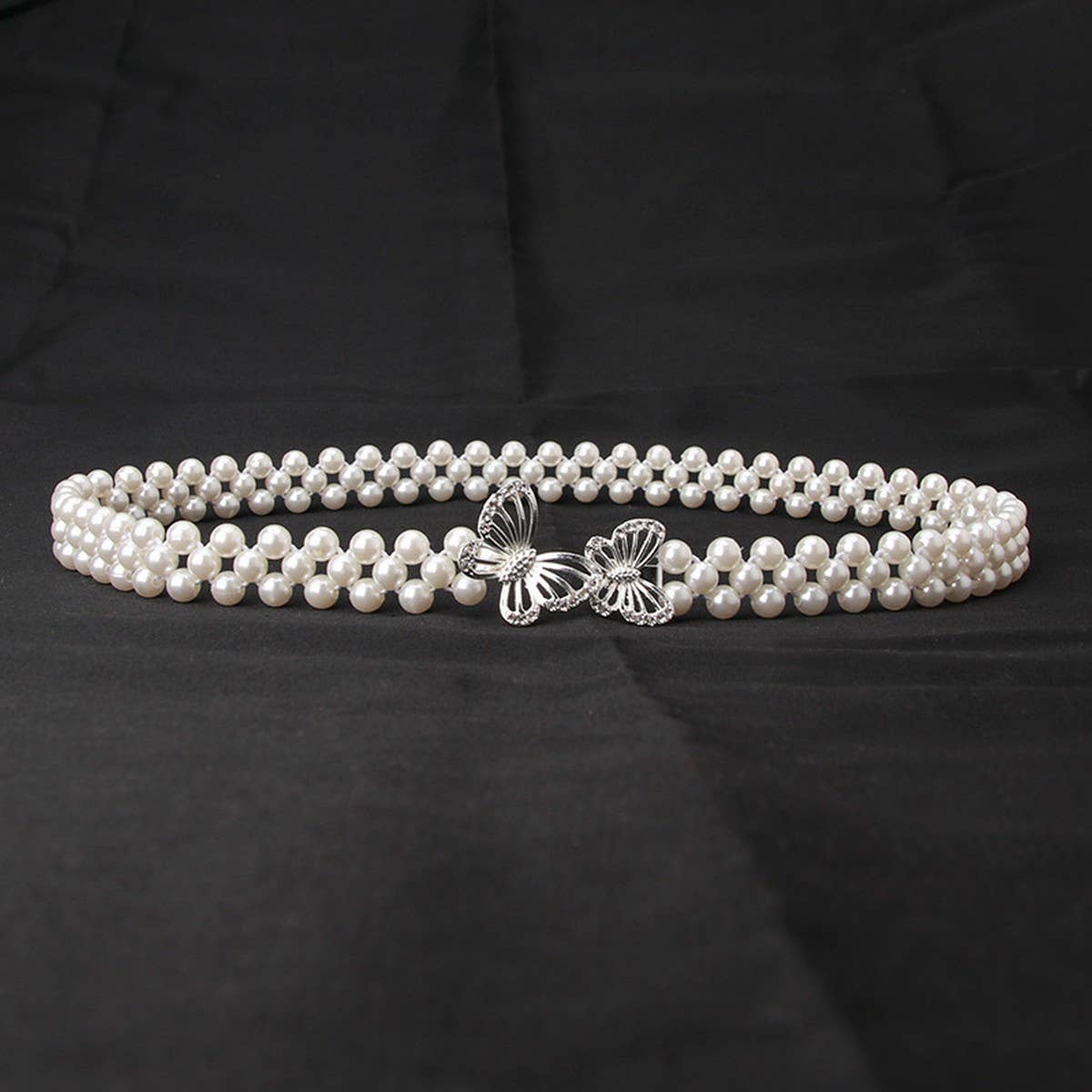 Pearl Woven Elastic Belt w/ Rhinestone Alloy Buckles