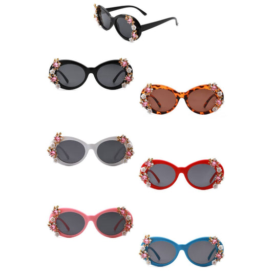 Women Oval Round Floral Design Fashion Sunglasses