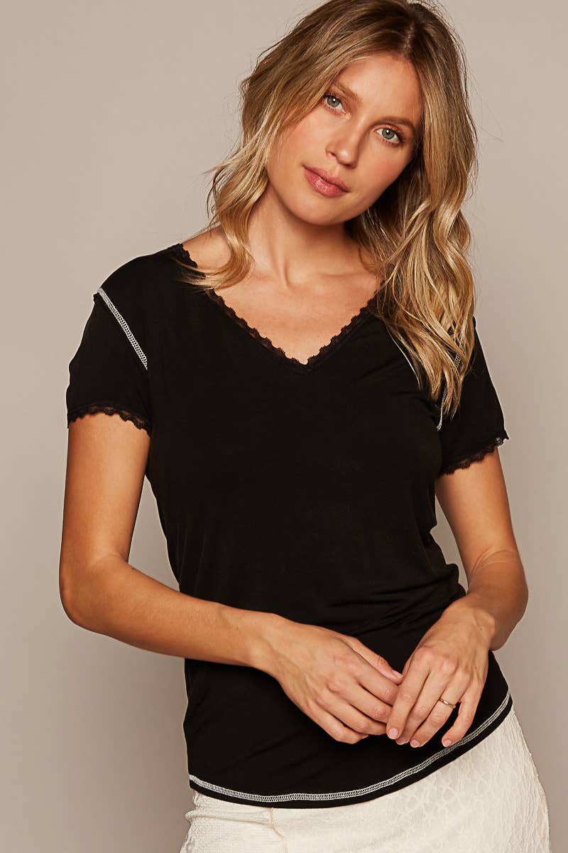 V-neck Lace Trim Short Sleeve Stitch Detail Top