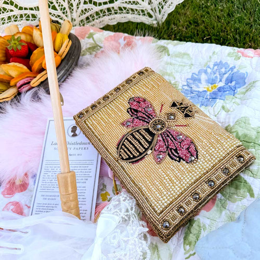 Buzzed Beaded Bee with Crown Crossbody Clutch Handbag
