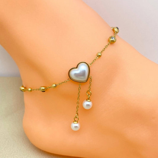 Pearl Heart Charm 18K Gold Plated Stainless Steel Anklet