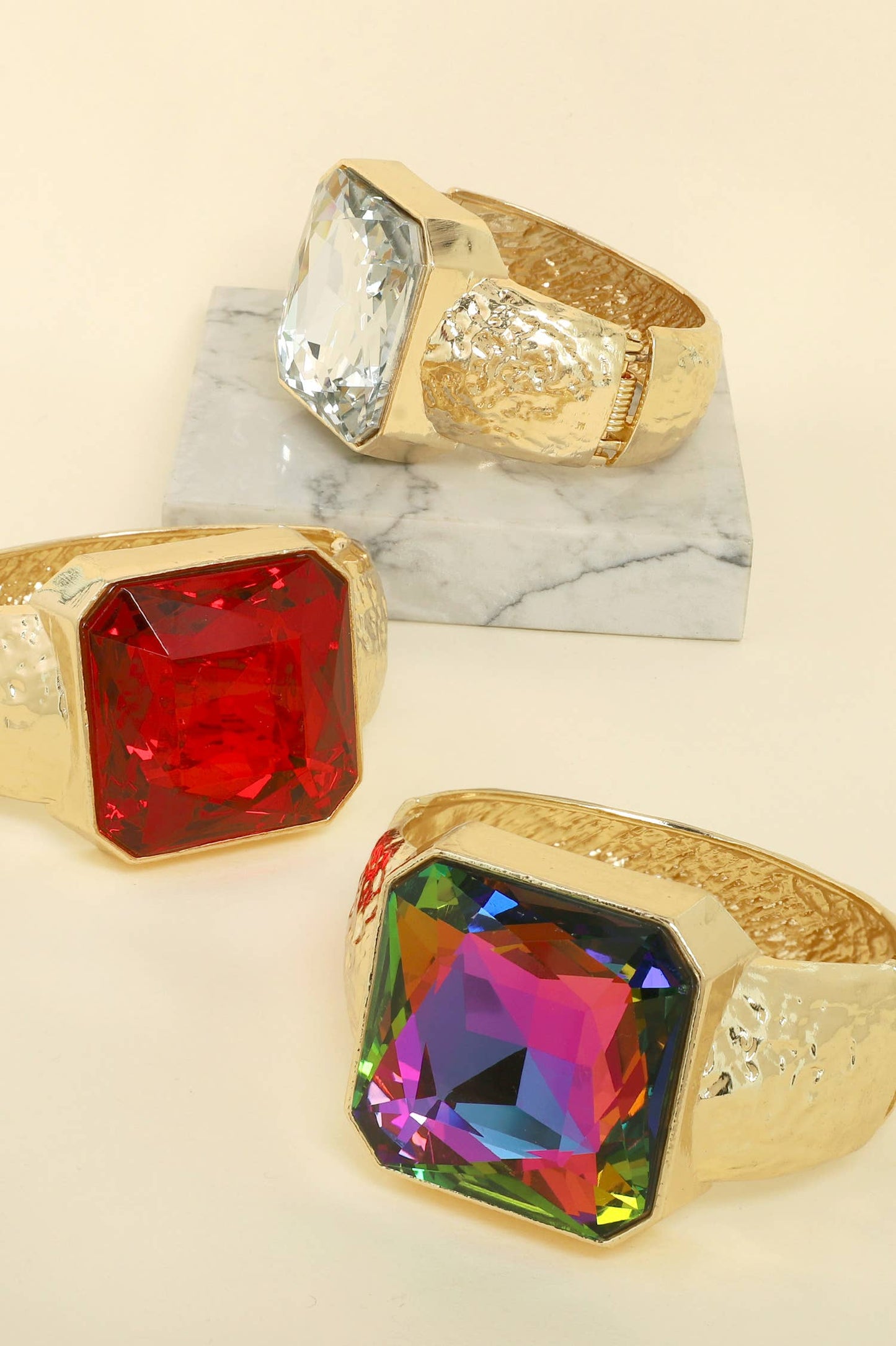 Gemstone Hammered Metal Hinge Bangle Bracelet