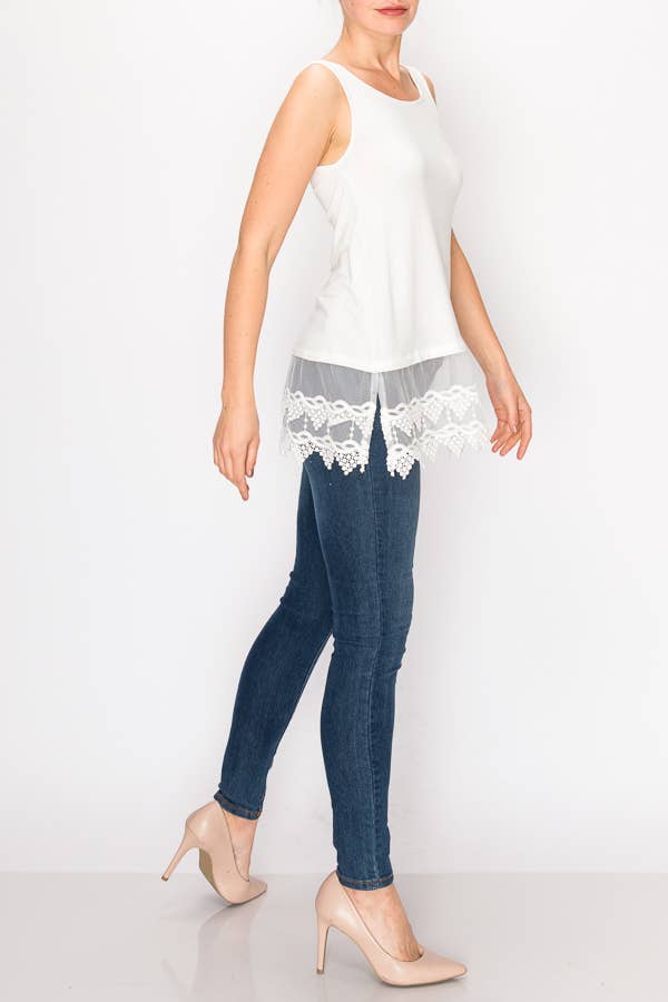 Soft Relaxed Tank With Delicate Floral Laced Hem