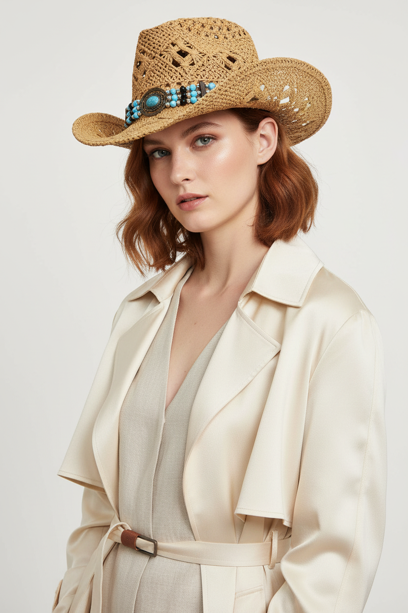 Western Hollow Cut Straw Woven Cowboy Hat