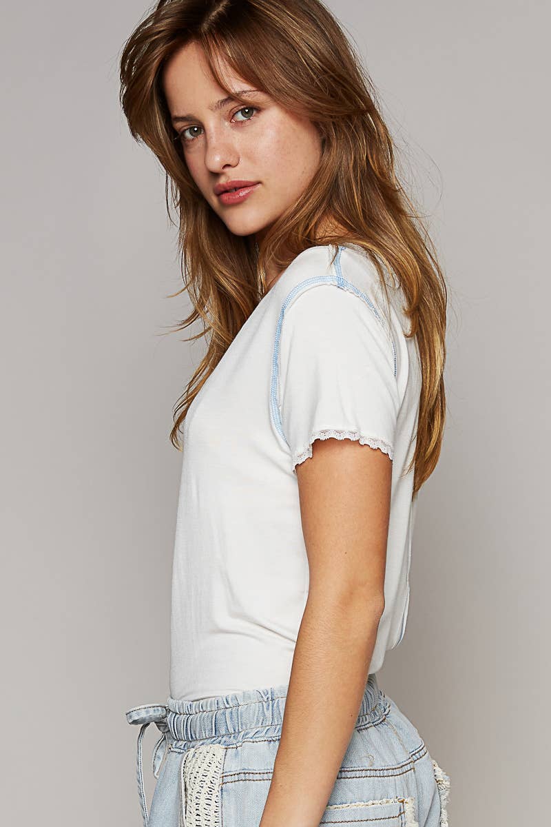 V-neck Lace Trim Short Sleeve Stitch Detail Top