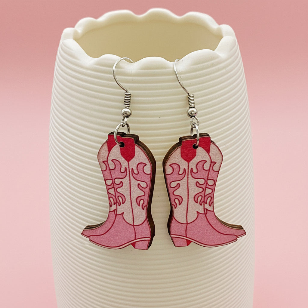 Western Style Pink Wooden Boots Dangle Earrings