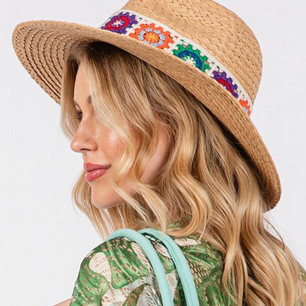 Floral Crochet Band Straw Hat
