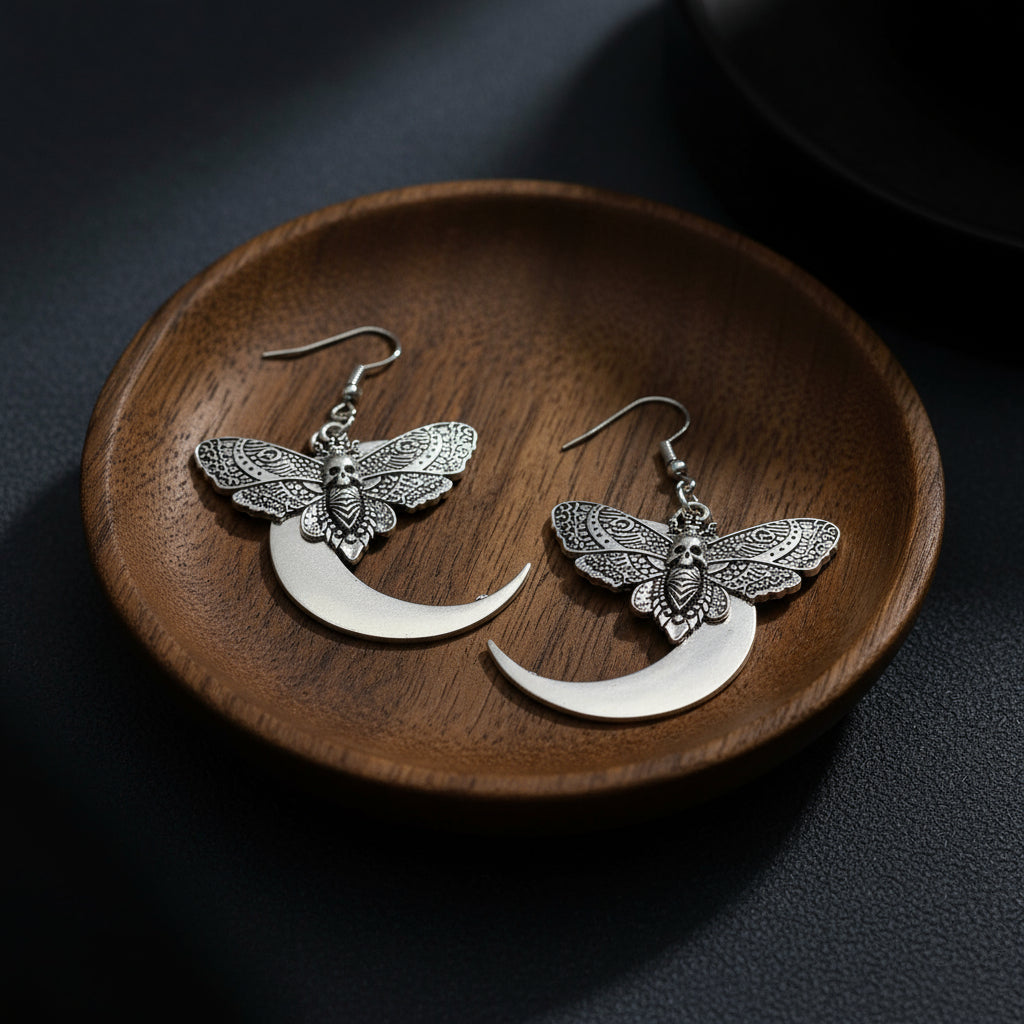 Gothic Style Skull Moth Moon Dangle Earrings
