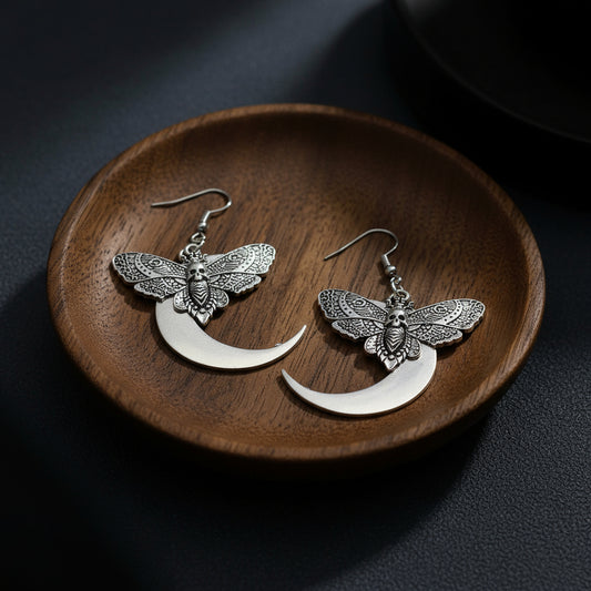Gothic Style Skull Moth Moon Dangle Earrings