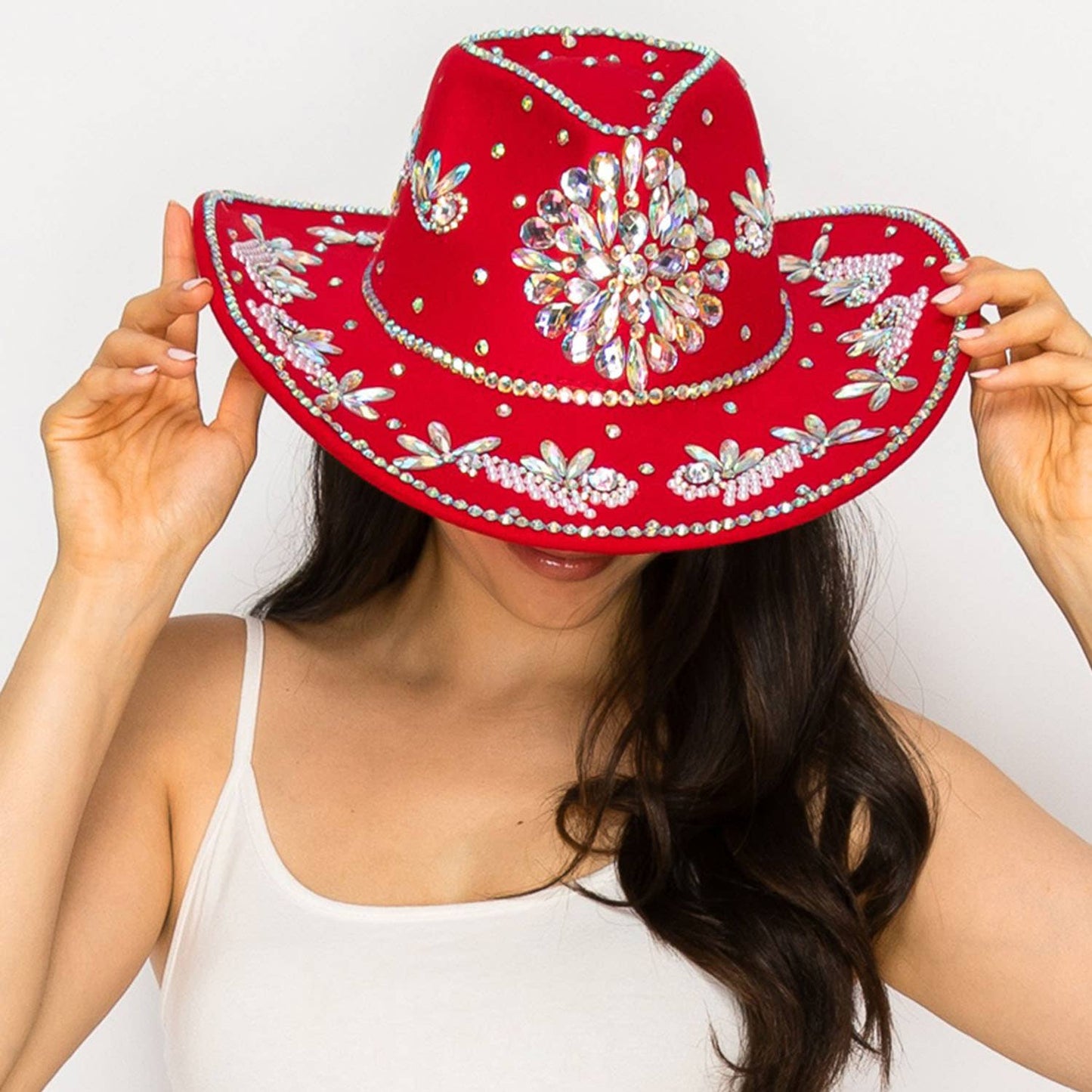 Sombrero Style Cowboy Hat with Crystal and Pearl Accents