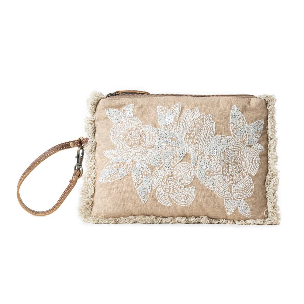 Meadow Lace Embroidered Pouch in Ivory Bloom