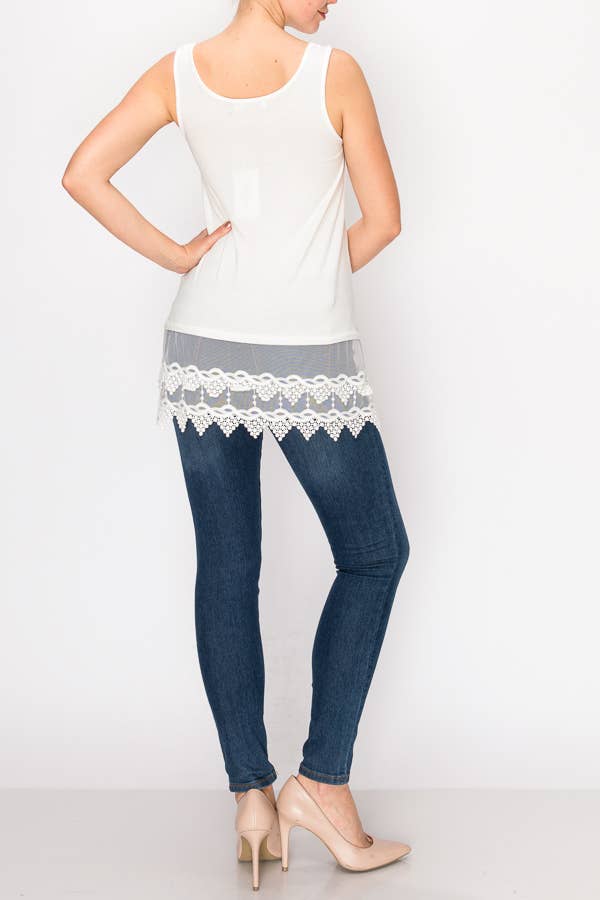 Soft Relaxed Tank With Delicate Floral Laced Hem