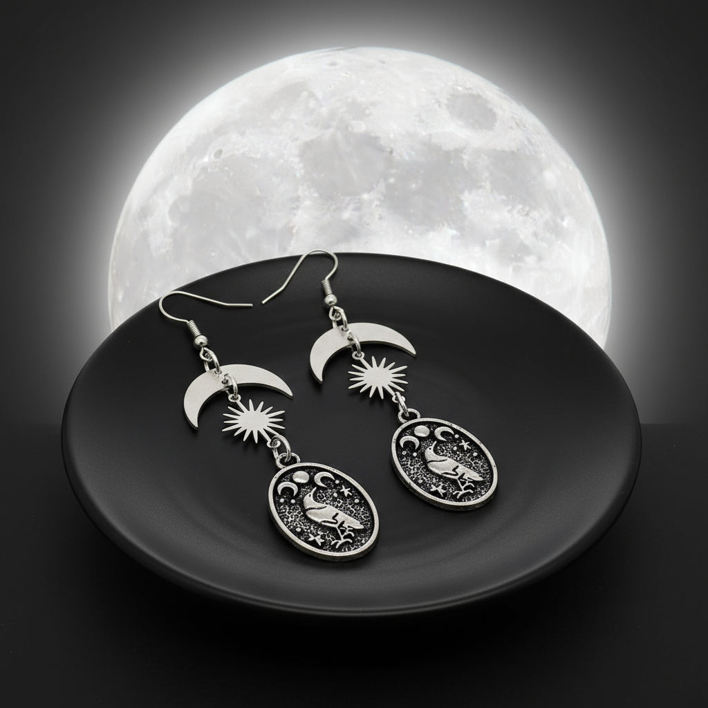 Dark Crow Star Moon Earrings