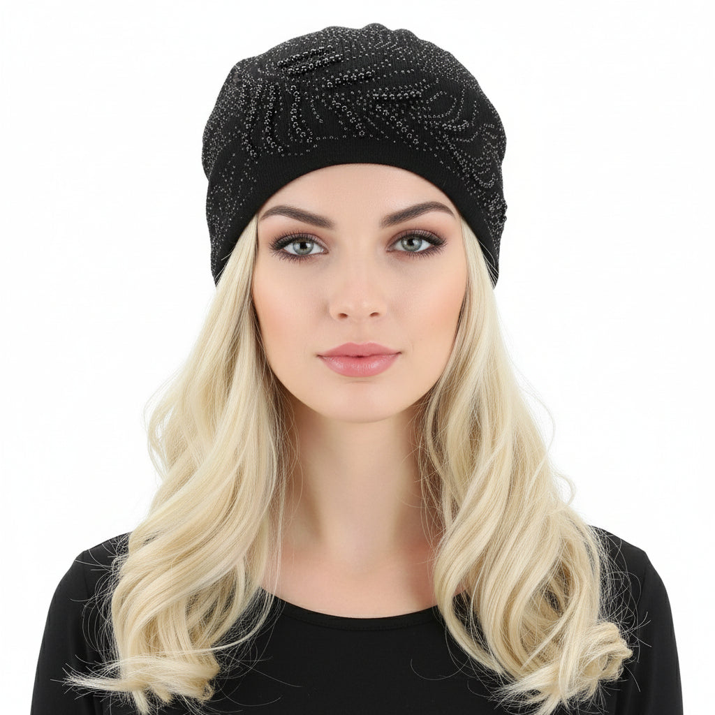 Rhinestone Encrusted Peacock Feather Beanie