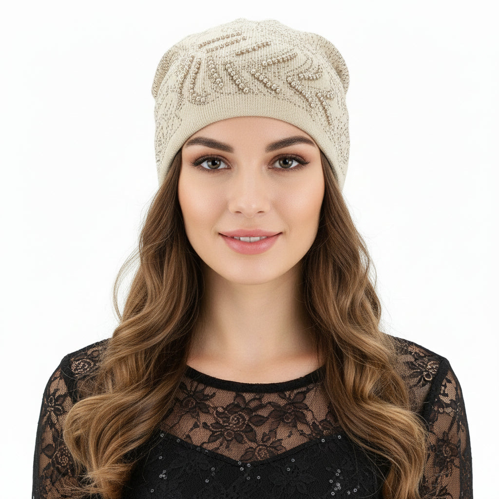 Rhinestone Encrusted Peacock Feather Beanie