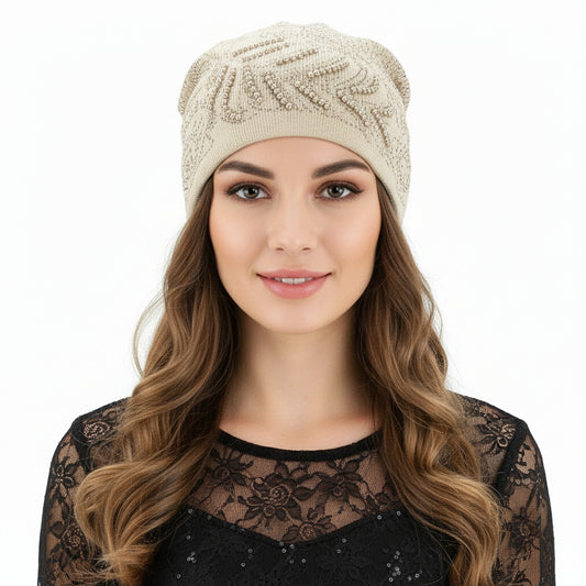 Rhinestone Encrusted Peacock Feather Beanie