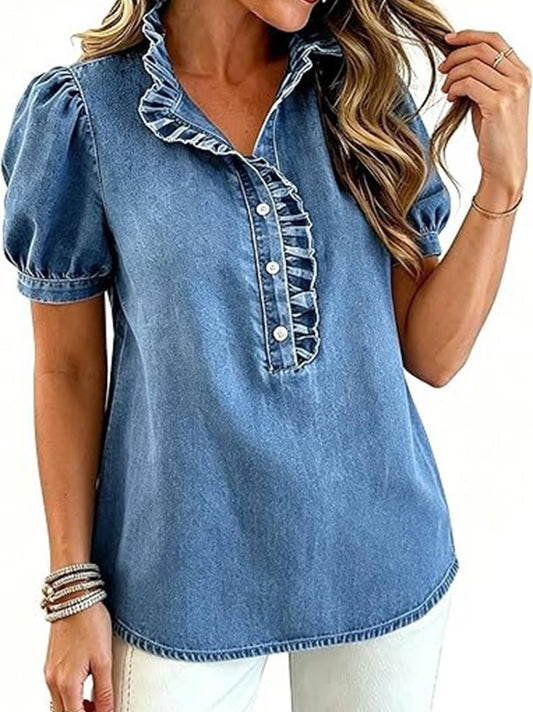 Ruched Denim Button Puff Sleeve Tops