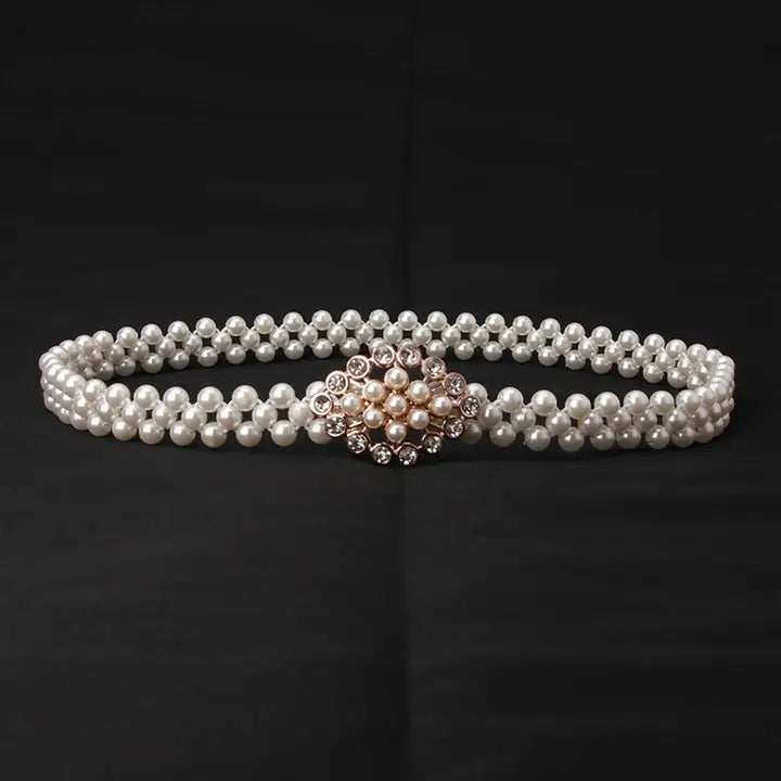 Pearl Woven Elastic Belt w/ Rhinestone Alloy Buckles