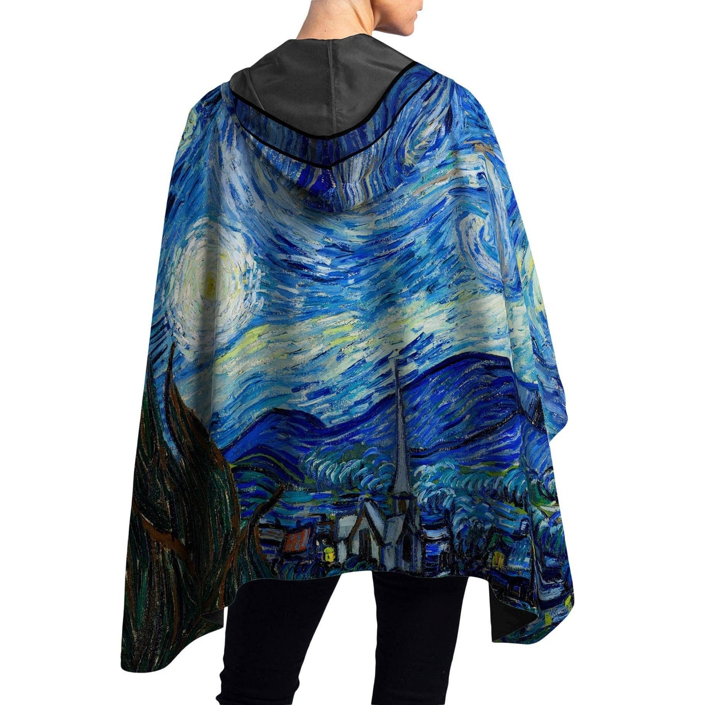 Van Gogh Starry Night Reversible Rain Cape – Lightweight Hooded Wrap for Women