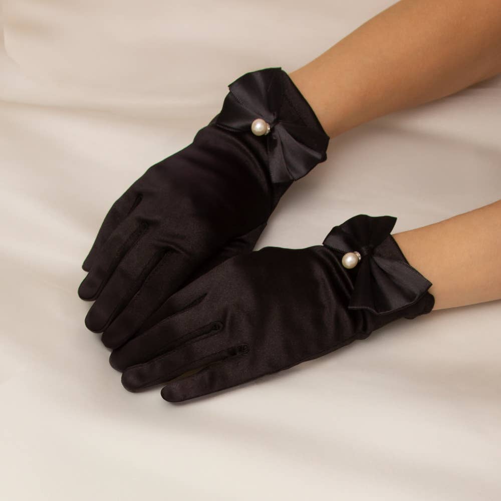 Women's Bridal Wrist Satin Gloves with Pearl Drop Bow Accent