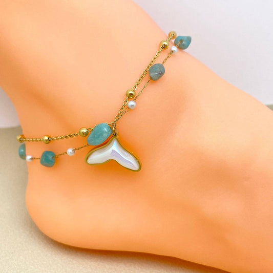 Fishtail Charm Stone Double Chain Anklet