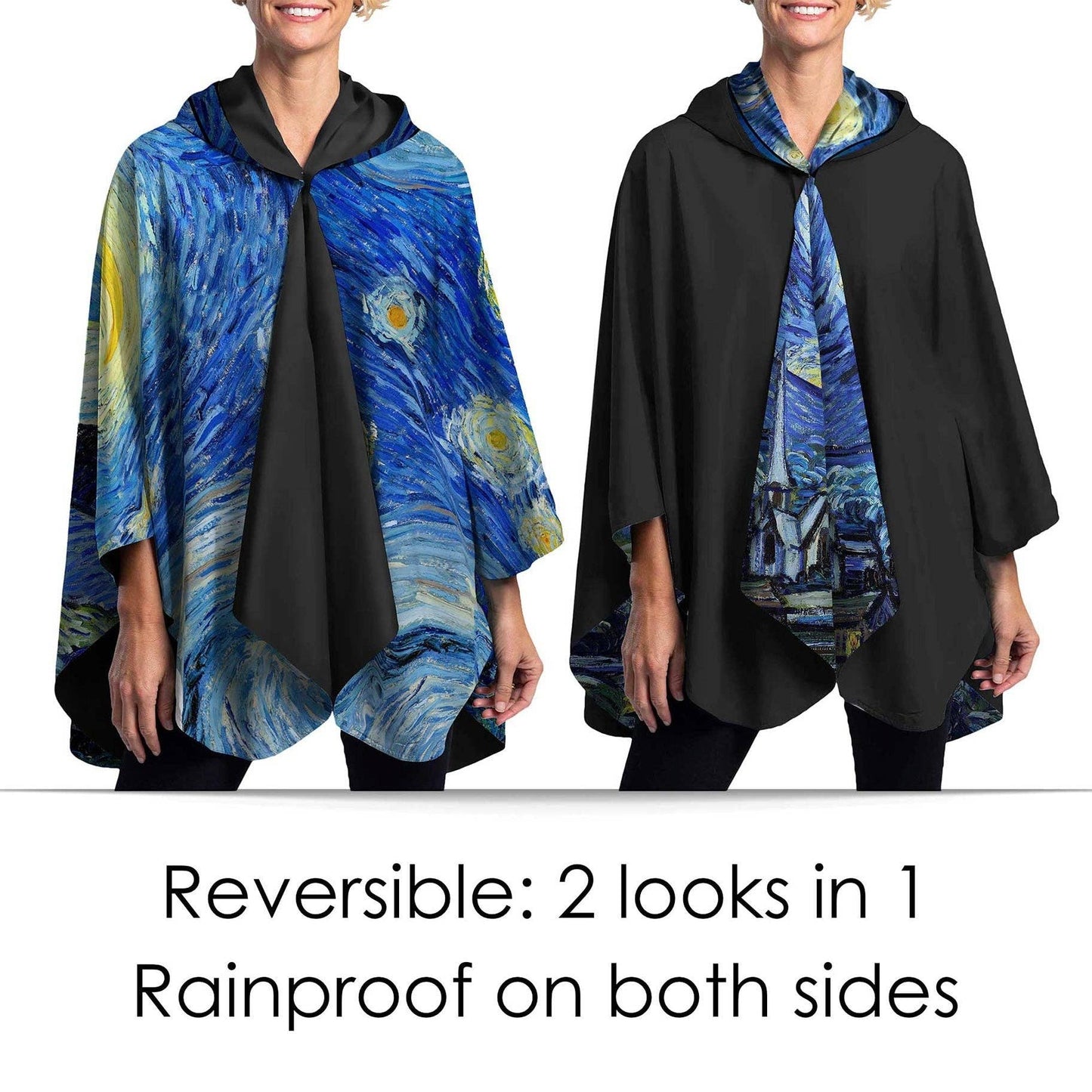 Van Gogh Starry Night Reversible Rain Cape – Lightweight Hooded Wrap for Women