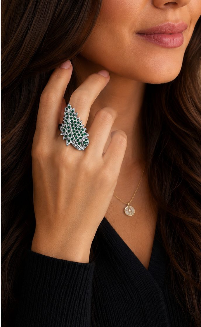 Emerald Feather Statement Ring