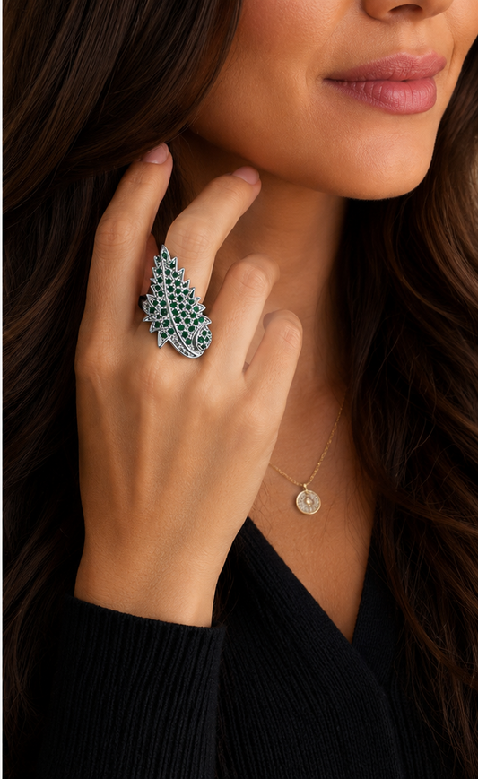 Emerald Feather Statement Ring
