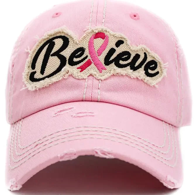 Believe Pink Ribbon Washed Vintage Baseball Cap