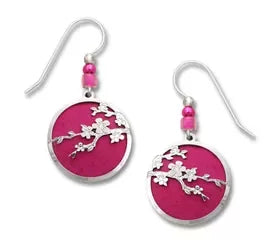 Silver Cherry Blossoms Over Deep Fuchsia Disk Earrings