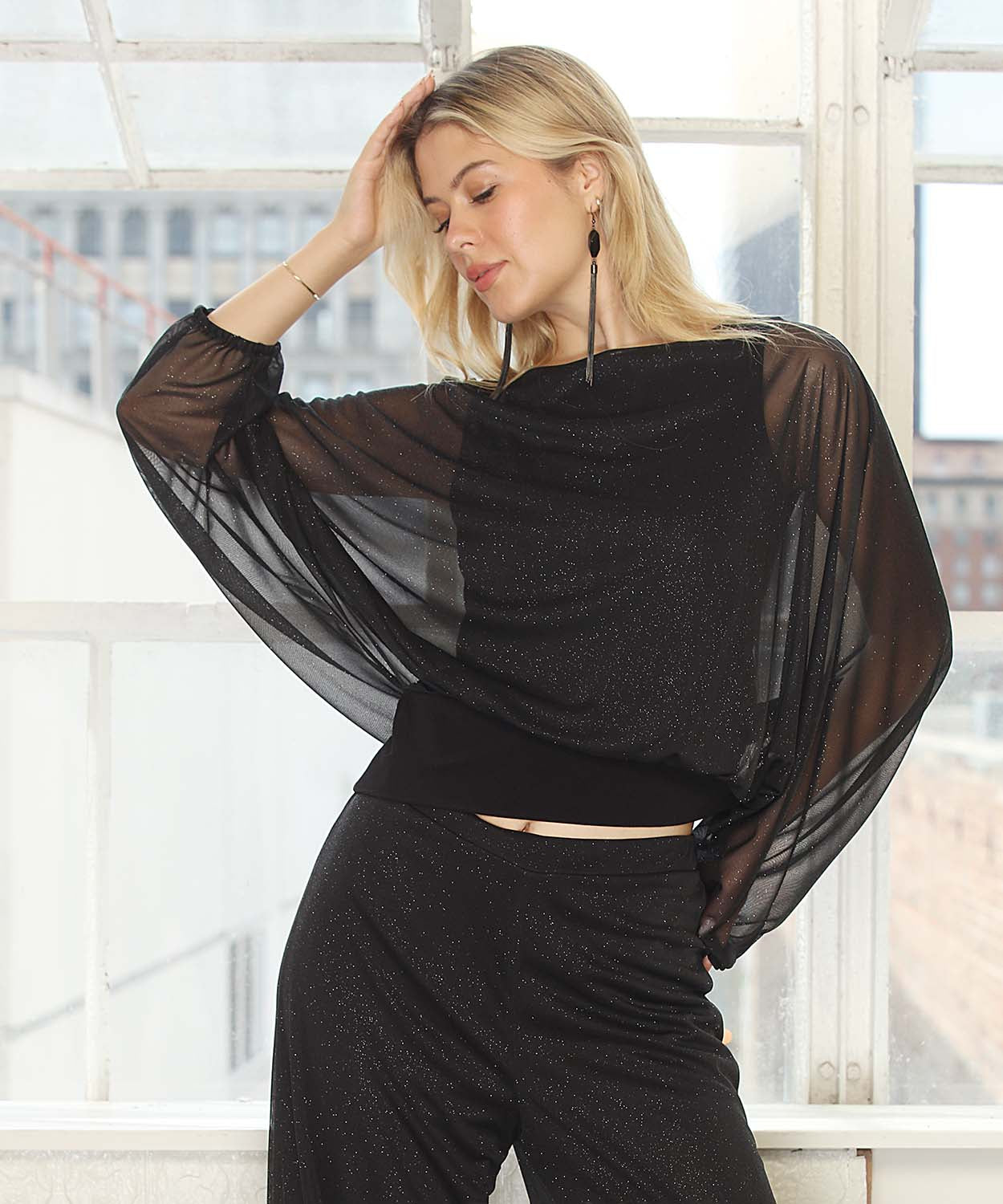 Glitter Chiffon Batwing Top With Waistband