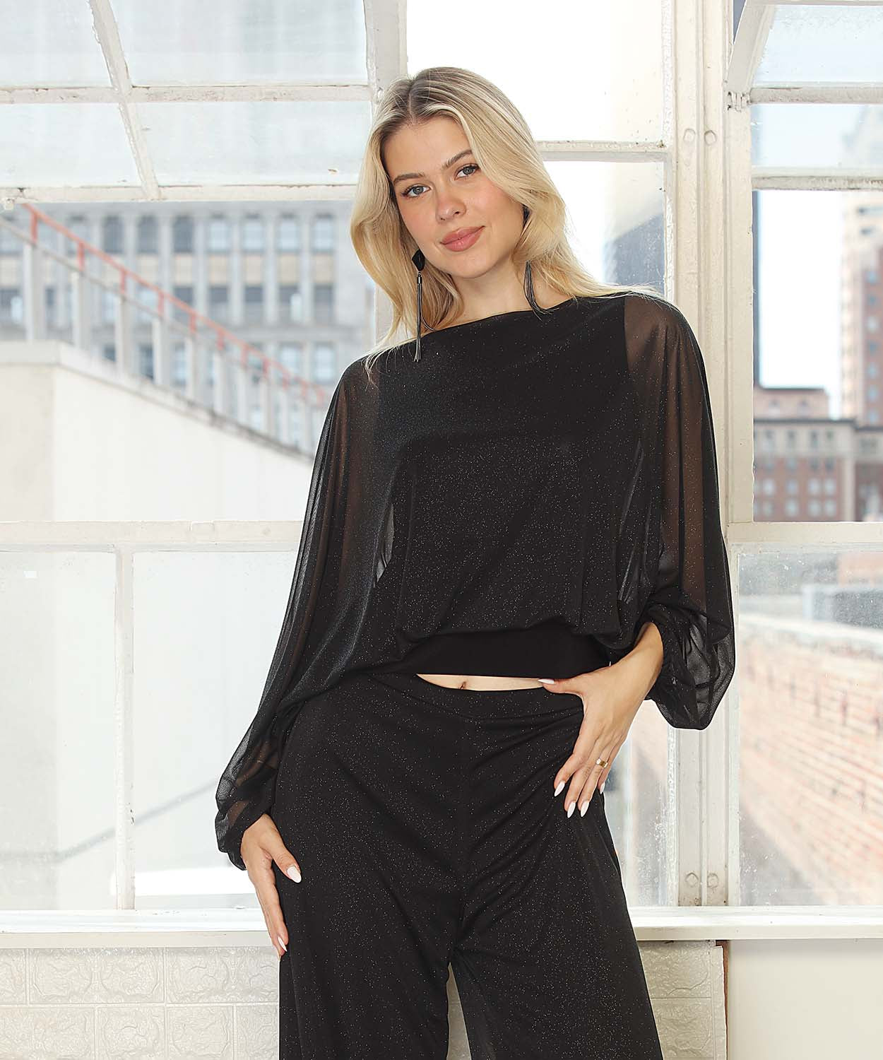 Glitter Chiffon Batwing Top With Waistband