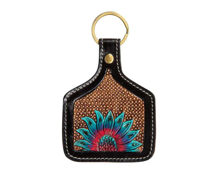 Peacock Sunflower Hand-Tooled Key Fob